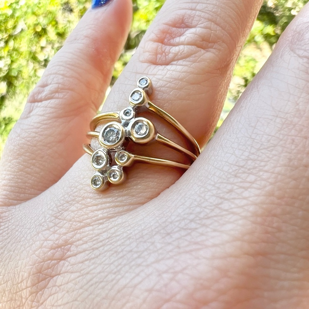 10k yellow & white two tone gold diamond bubble bypass ring 6.5